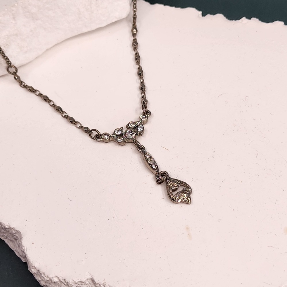 Downton Abbey Silver Tone Clear Rhinestone Filigree Y Drop Pendant Necklace